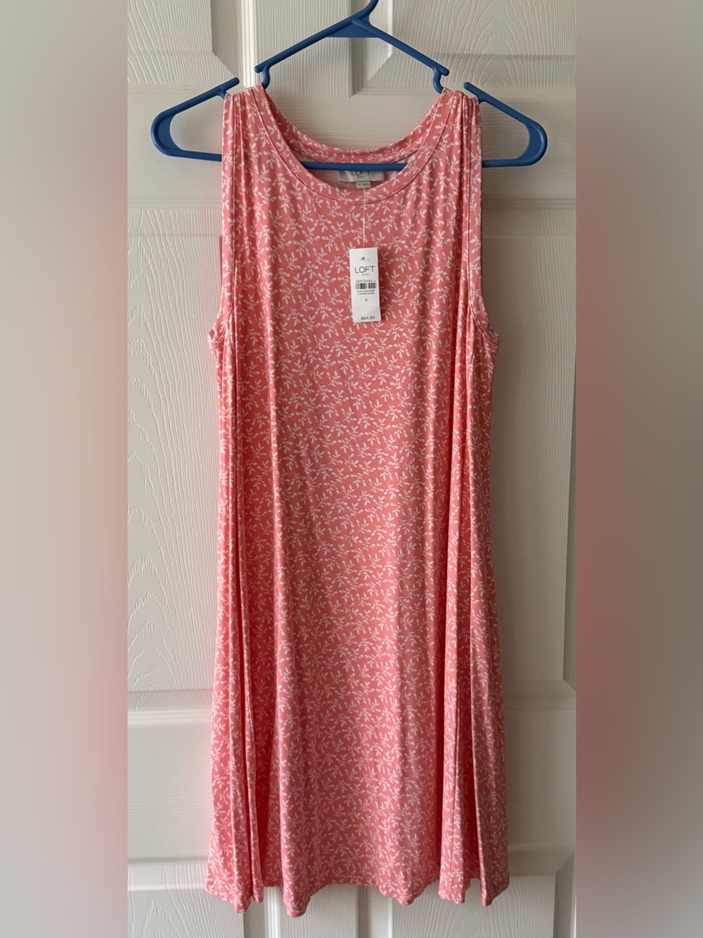 LOFT Coral Pink Floral Swing Dress with White Print Size S